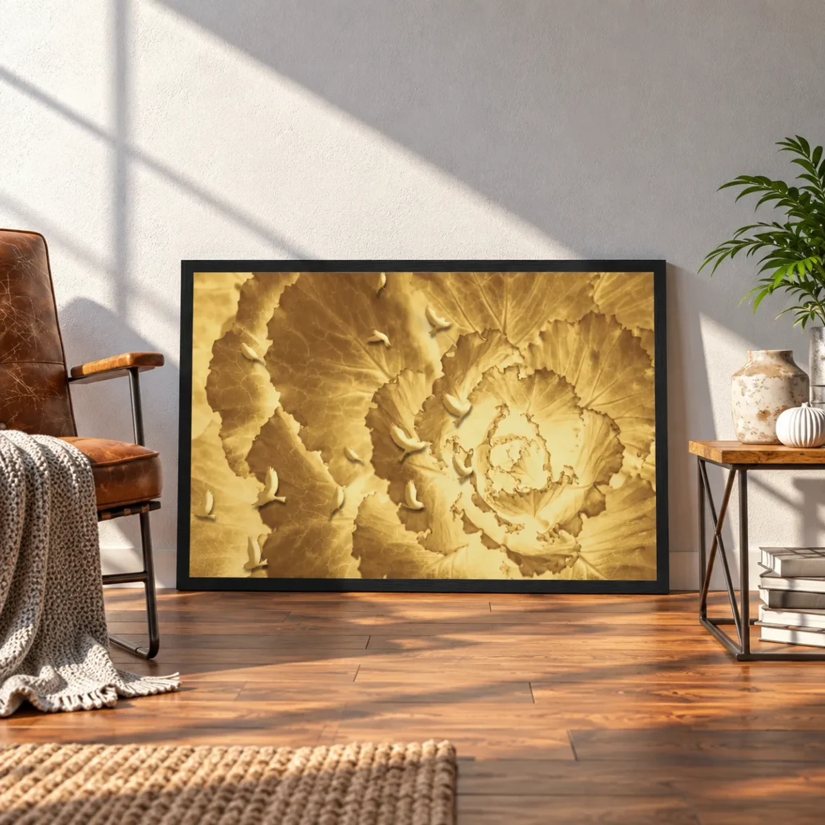 Ochre Avian Reverie – Golden Botanical Framed Art, Vintage Bird Nature Decor