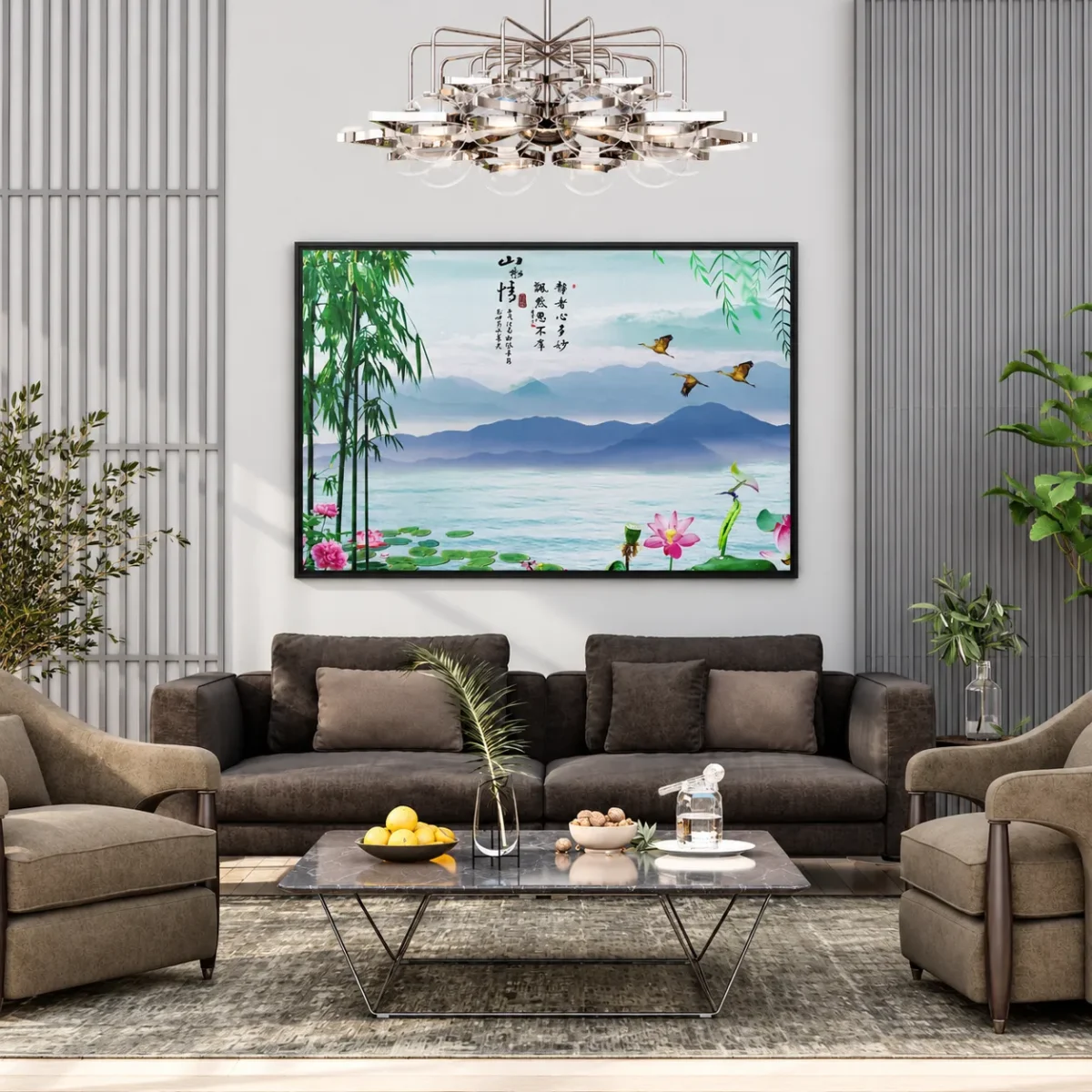 Jade Mist Sanctuary – Bamboo Mountain Framed Canvas, Asian Landscape Wall Art