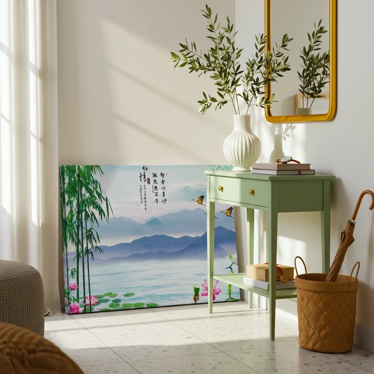 117 (1) Jade Mist Sanctuary – Bamboo Mountain Wall Art, Lotus Lake Canvas Decor