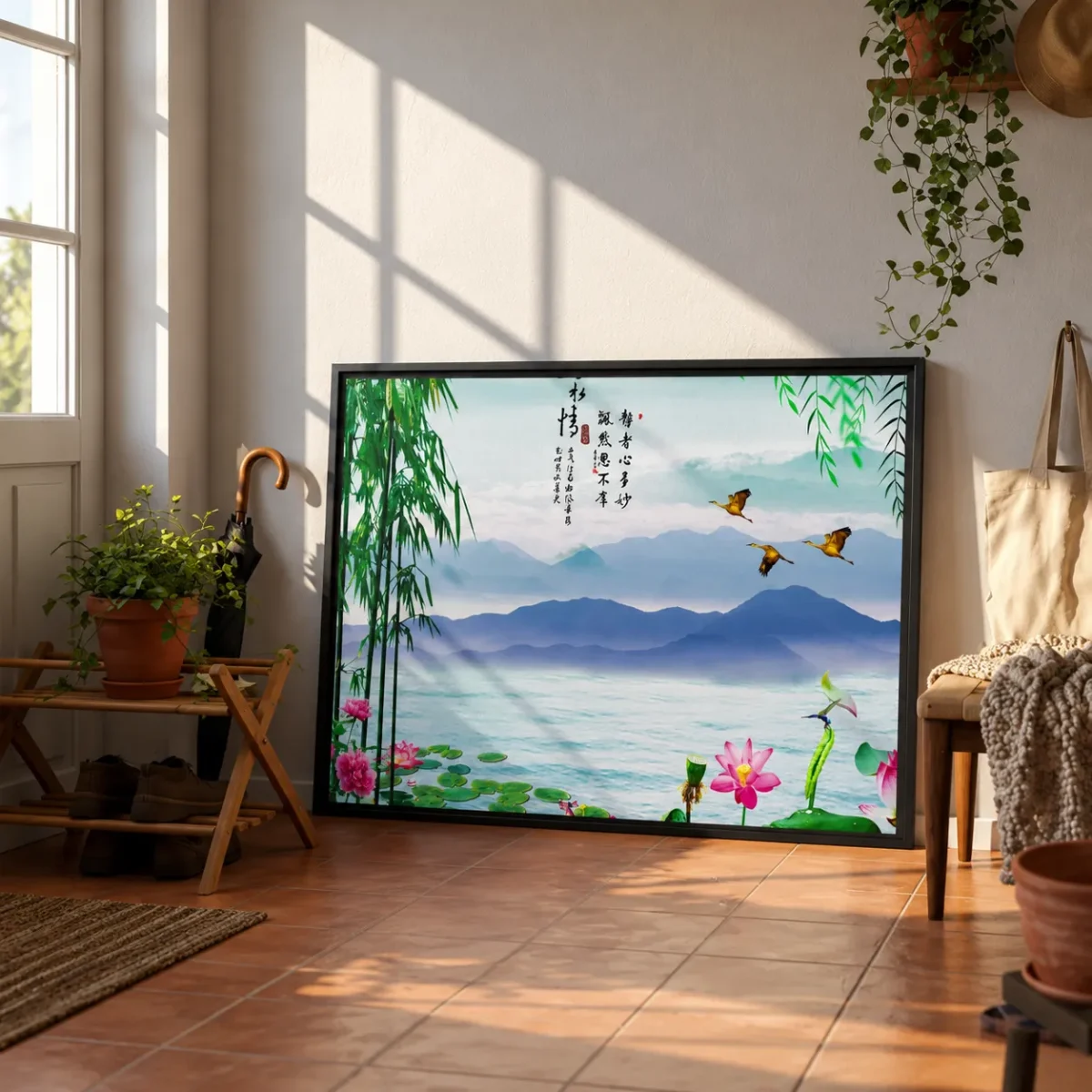 Jade Mist Sanctuary – Bamboo Mountain Framed Canvas, Asian Landscape Wall Art