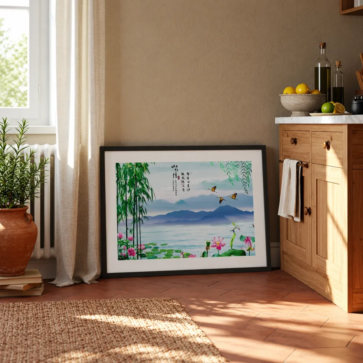 Jade Mist Sanctuary – Bamboo Mountain Framed Print, Asian Landscape Wall Art