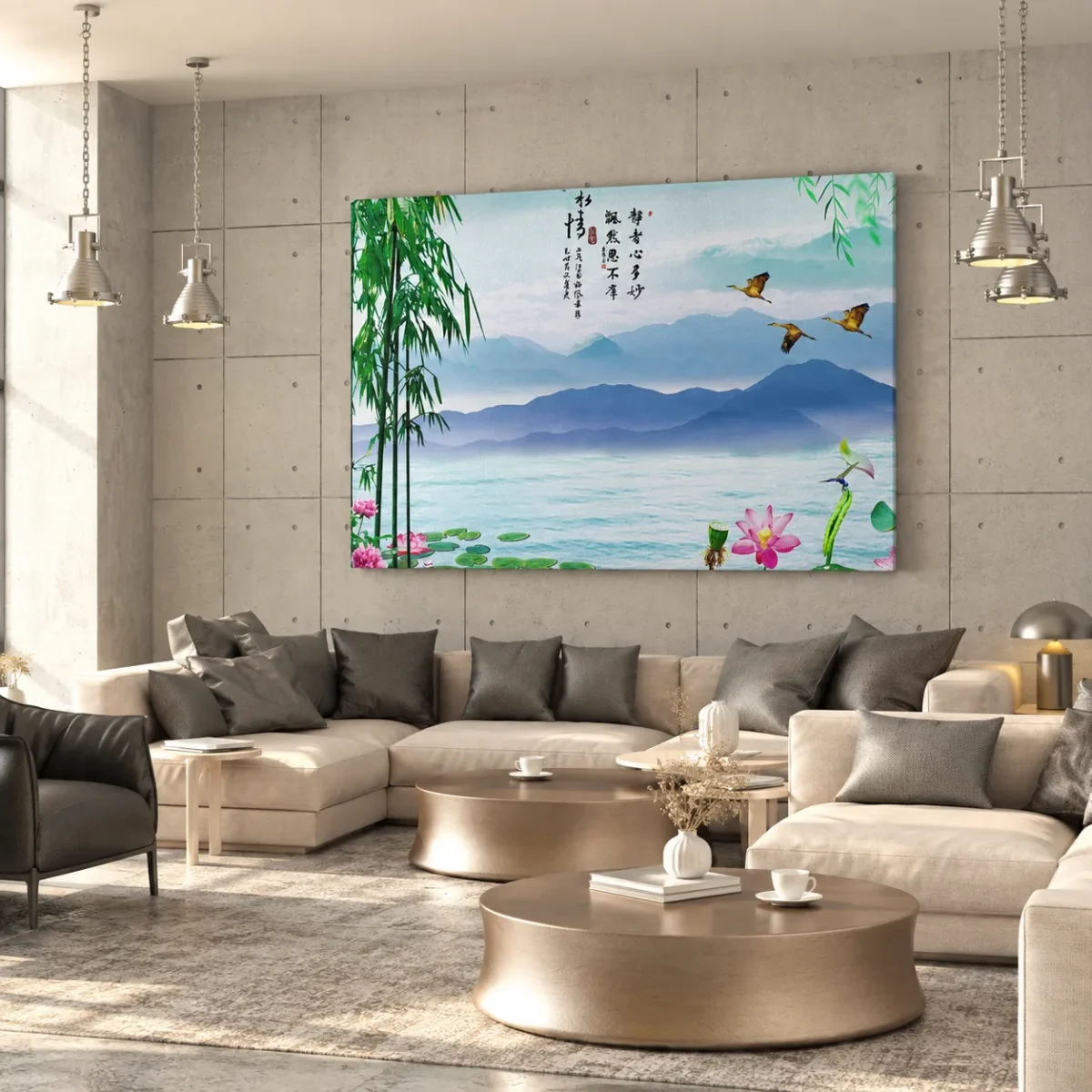 117 (2) Jade Mist Sanctuary – Bamboo Mountain Wall Art, Lotus Lake Canvas Decor