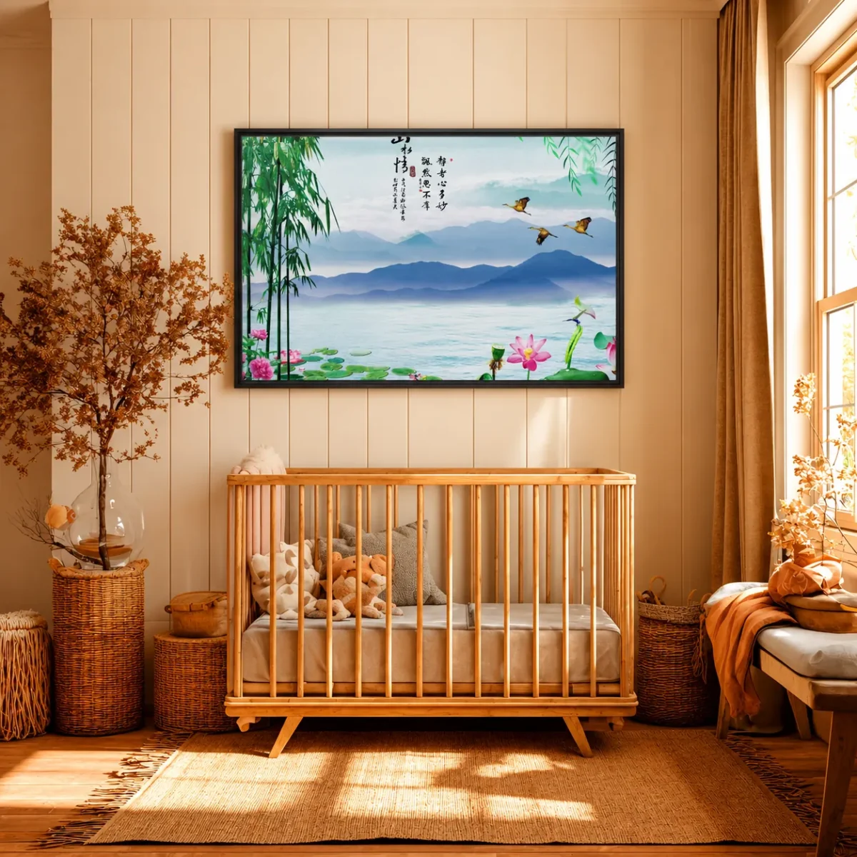 Jade Mist Sanctuary – Bamboo Mountain Framed Canvas, Asian Landscape Wall Art