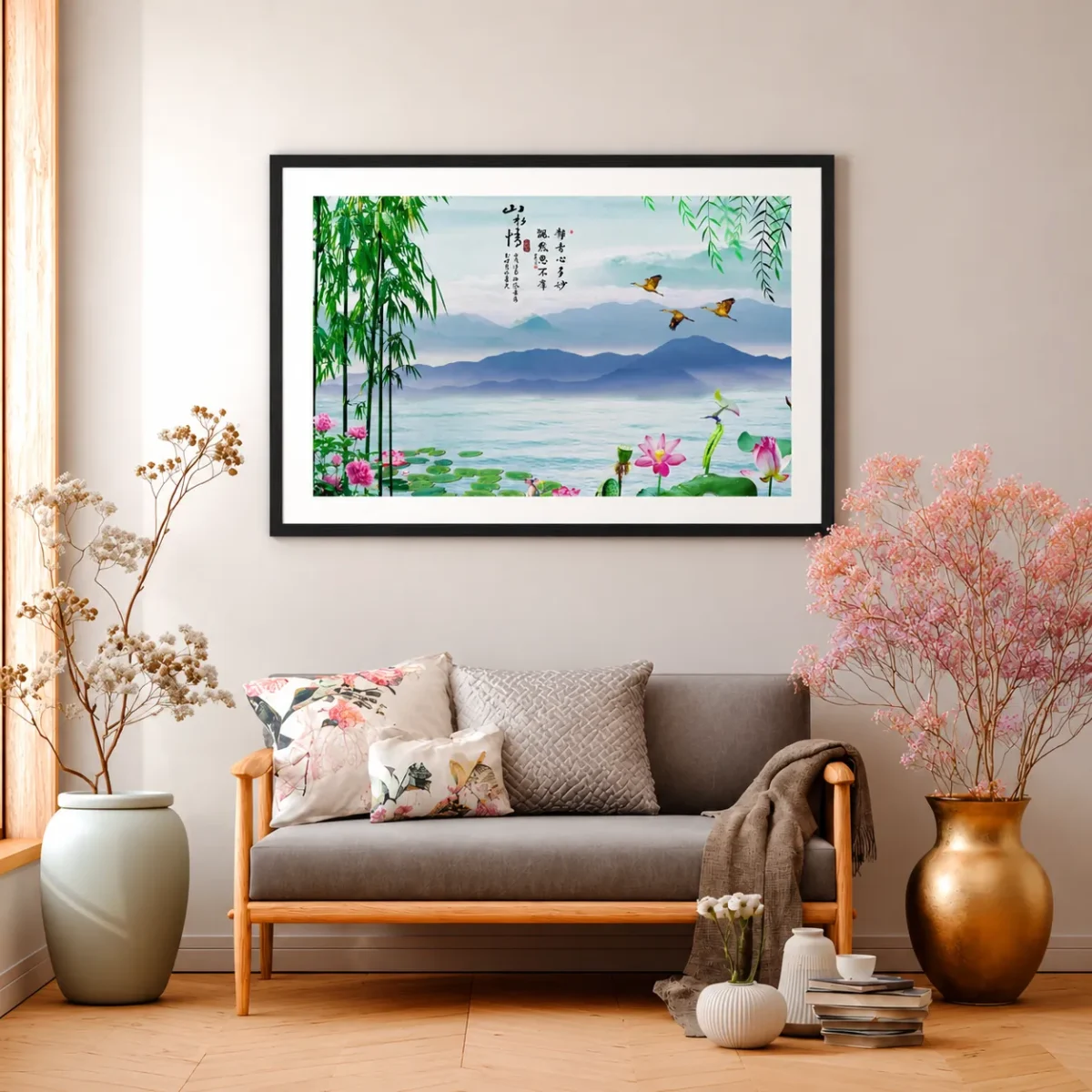Jade Mist Sanctuary – Bamboo Mountain Framed Print, Asian Landscape Wall Art