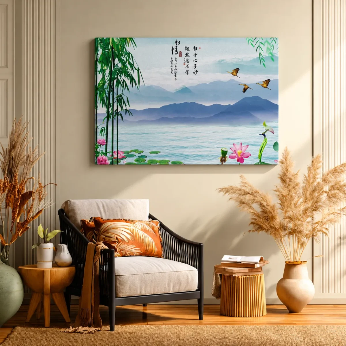 117 (3) Jade Mist Sanctuary – Bamboo Mountain Wall Art, Lotus Lake Canvas Decor