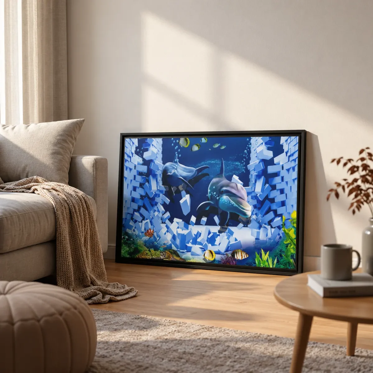 Shatterreef Dolphin Ocean Wall Art – Vibrant Marine Framed Canvas for Modern Interiors