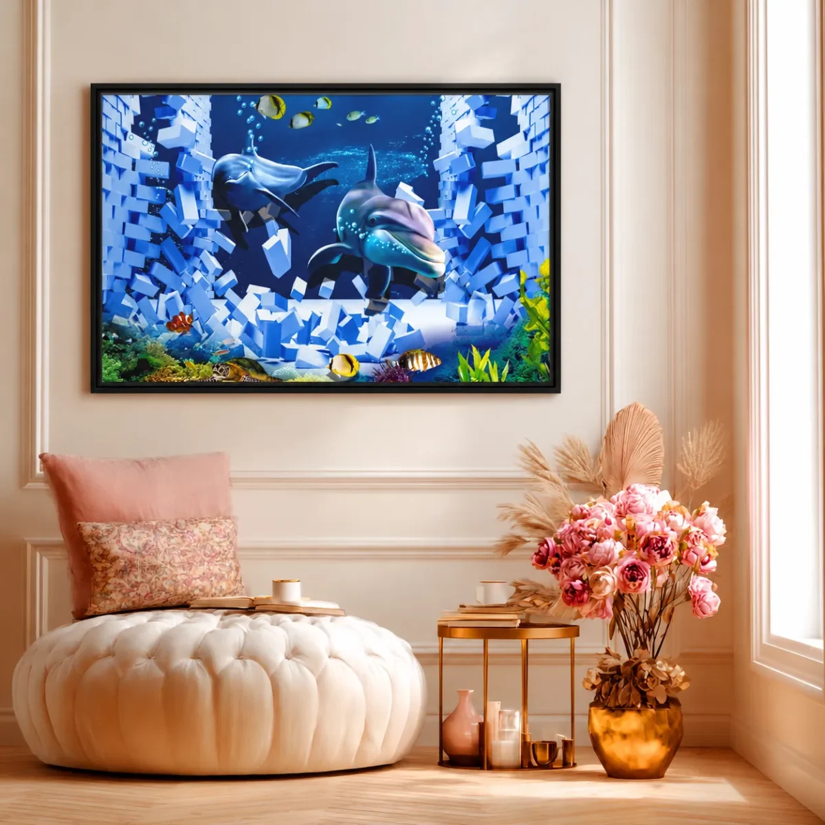 Shatterreef Dolphin Ocean Wall Art – Vibrant Marine Framed Canvas for Modern Interiors
