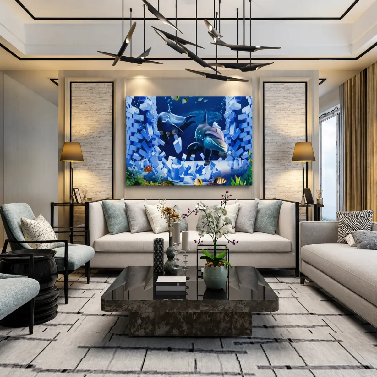 Shatterreef – Dolphin Ocean Wall Art, Vibrant Marine Canvas for Modern Interiors