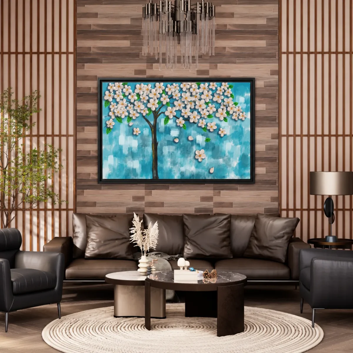 119 (2) Blue Blossom Tree Wall Art – Azure Petal Canopy Framed Canvas Decor