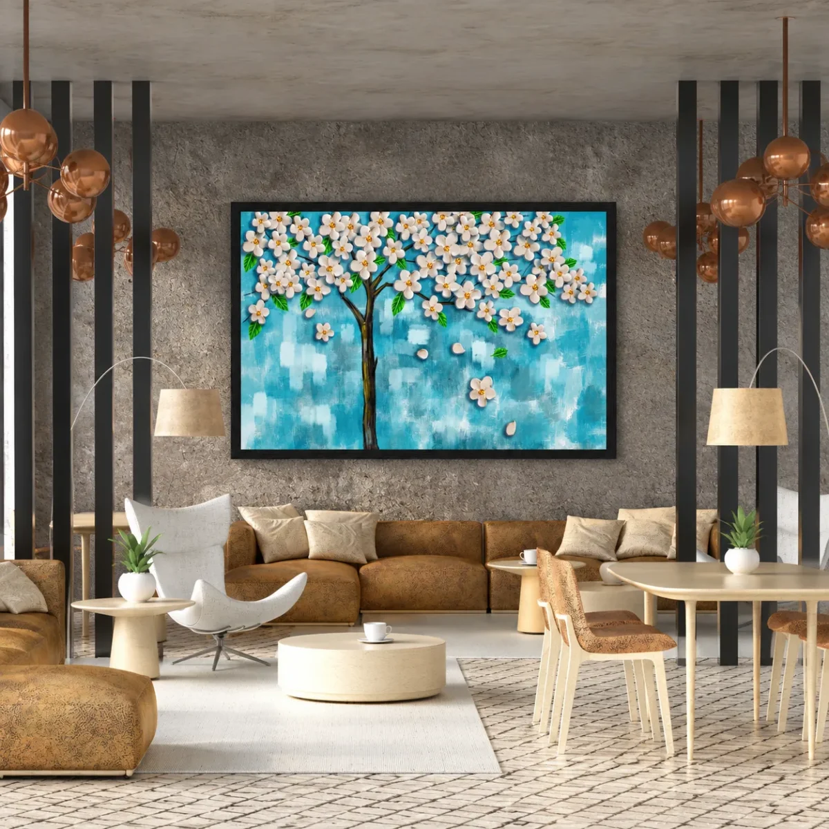 119 (2) Blue Blossom Tree Wall Art – Azure Petal Canopy Framed Prints for Modern Decor