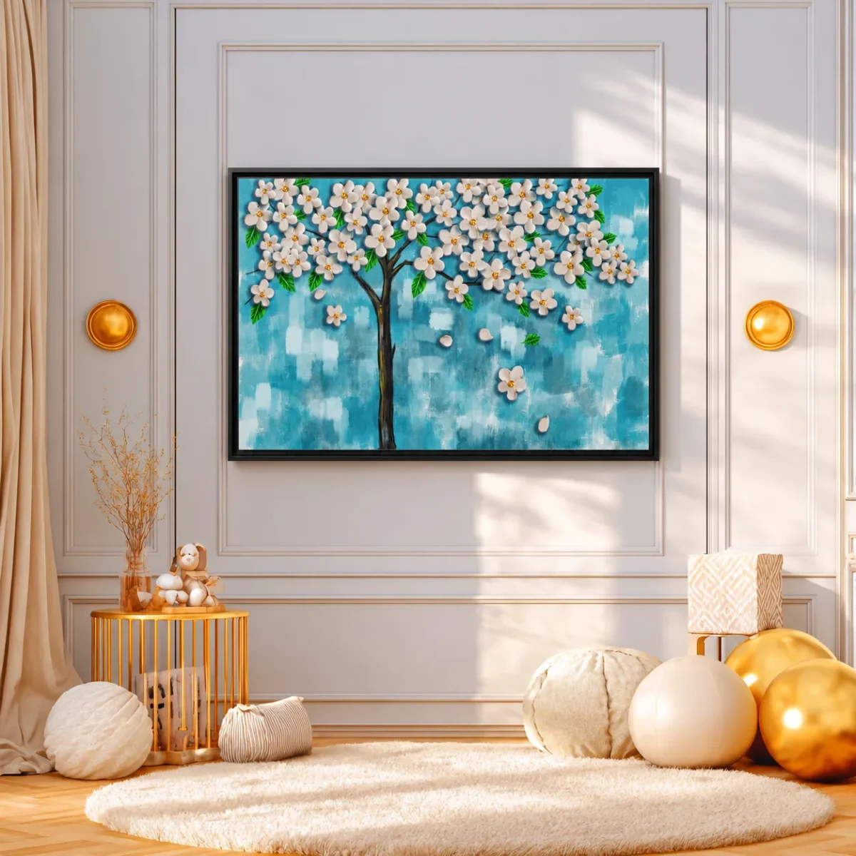 119 (3) Blue Blossom Tree Wall Art – Azure Petal Canopy Framed Canvas Decor