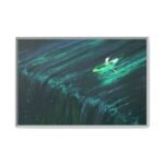 Emerald Wake Boat Framed Canvas Wall Art – Teal Water Landscape for Modern Interiors