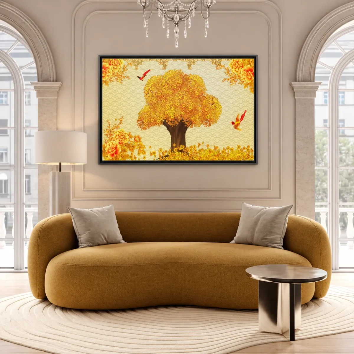 Auspicious Coin Tree Wall Art – Golden Prosperity Framed Canvas