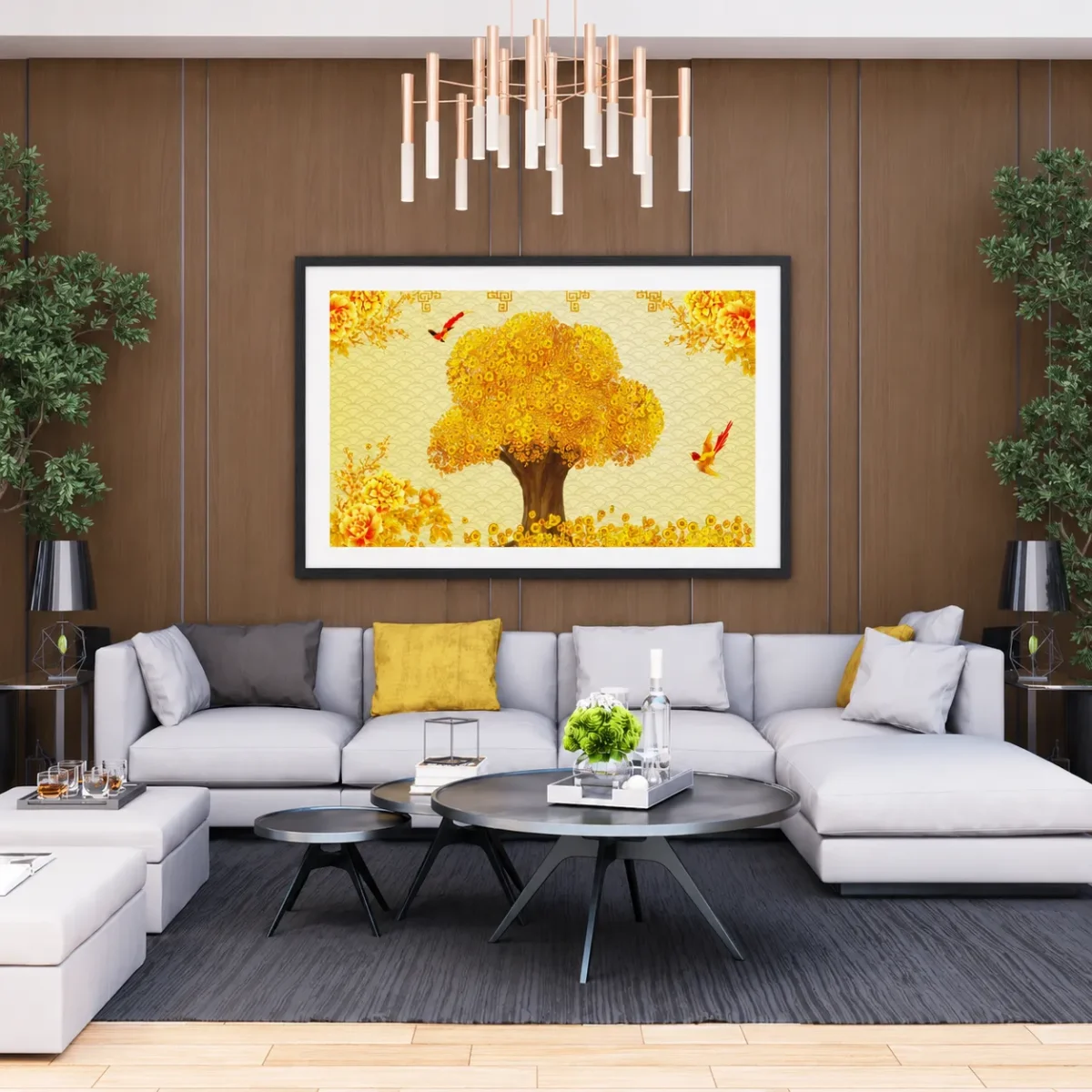 Auspicious Coin Tree Wall Art – Golden Peony & Lucky Bird Framed Print