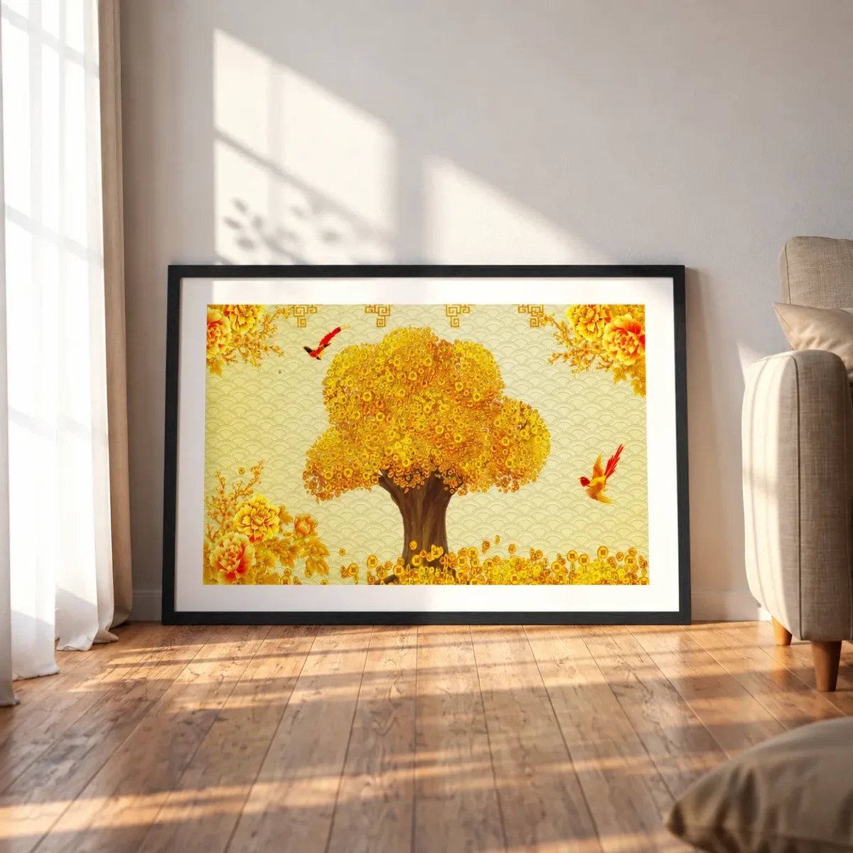 Auspicious Coin Tree Wall Art – Golden Peony & Lucky Bird Framed Print