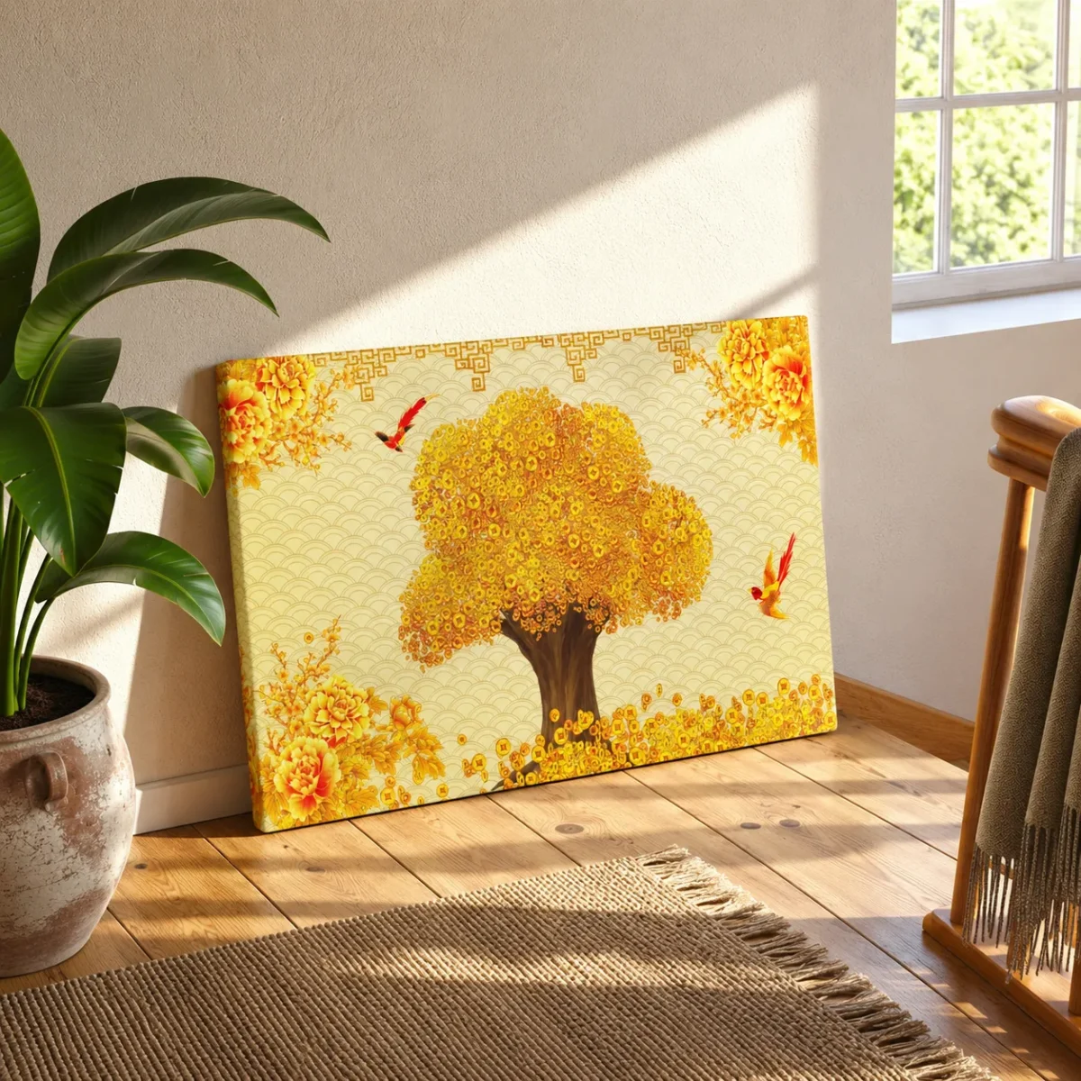 Auspicious Coin Tree Wall Art – Golden Peony, Bird & Prosperity Canvas