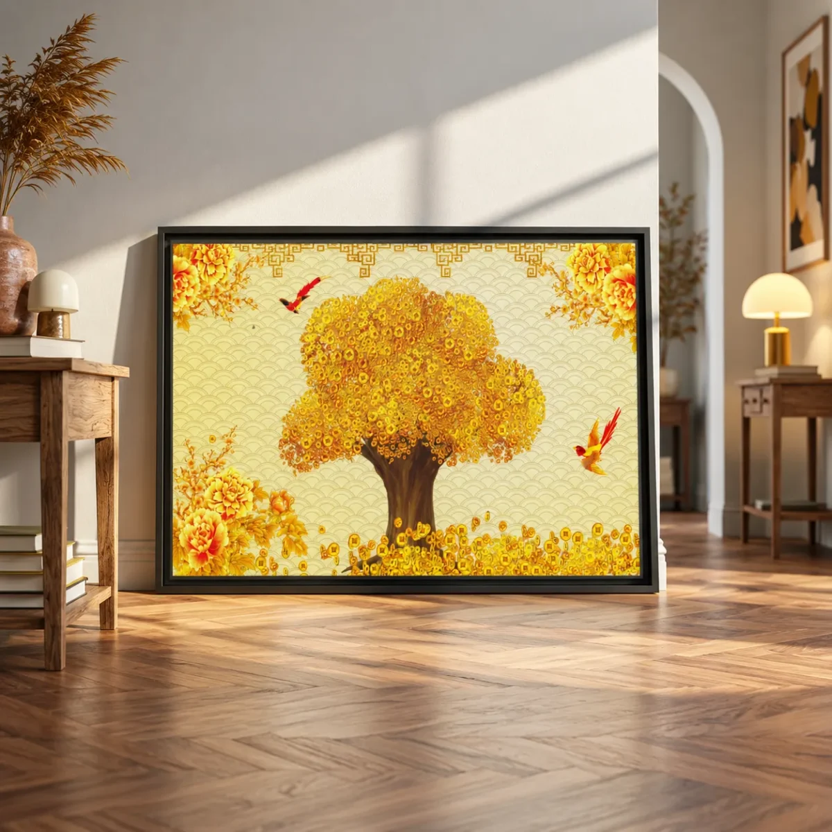 Auspicious Coin Tree Wall Art – Golden Prosperity Framed Canvas