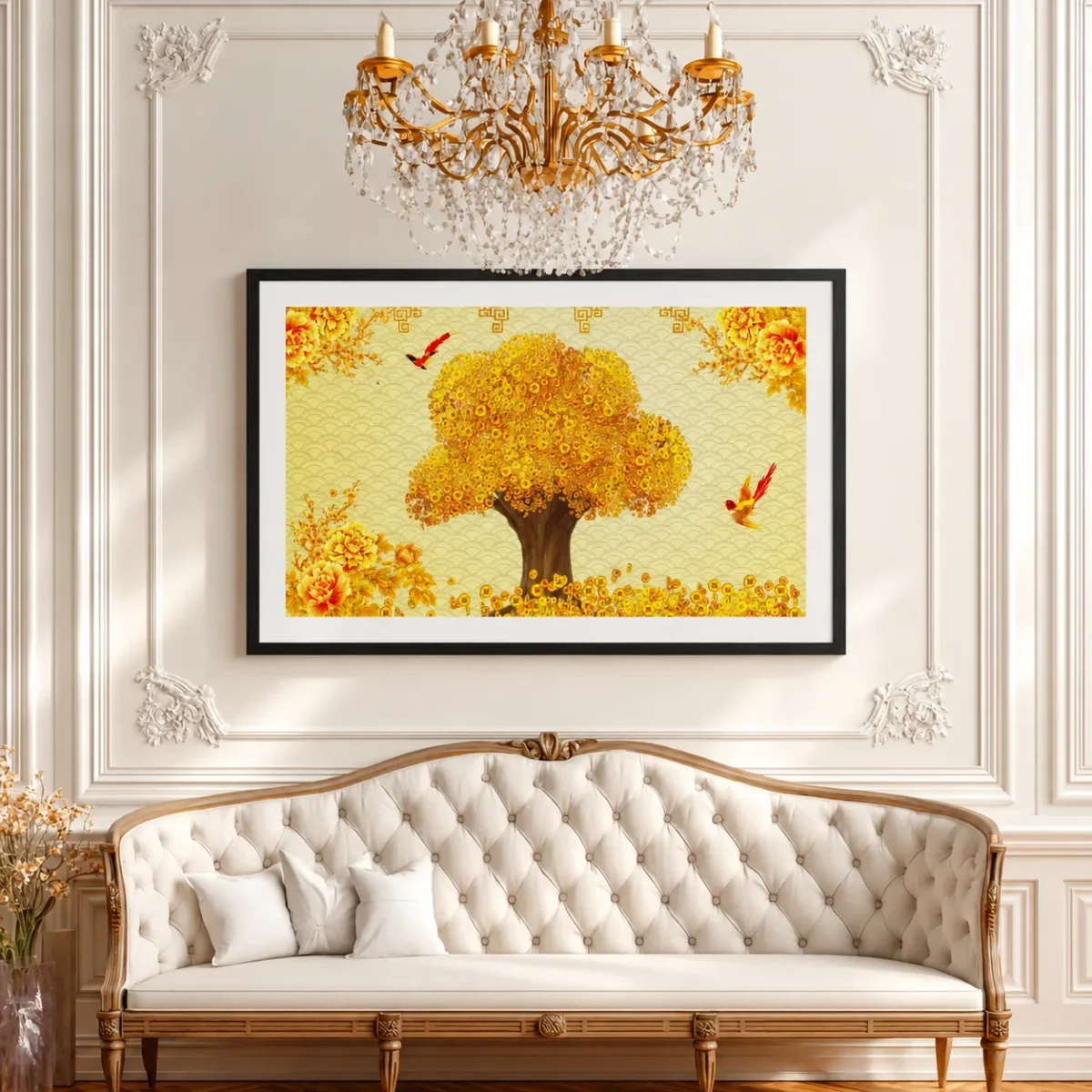 Auspicious Coin Tree Wall Art – Golden Peony & Lucky Bird Framed Print