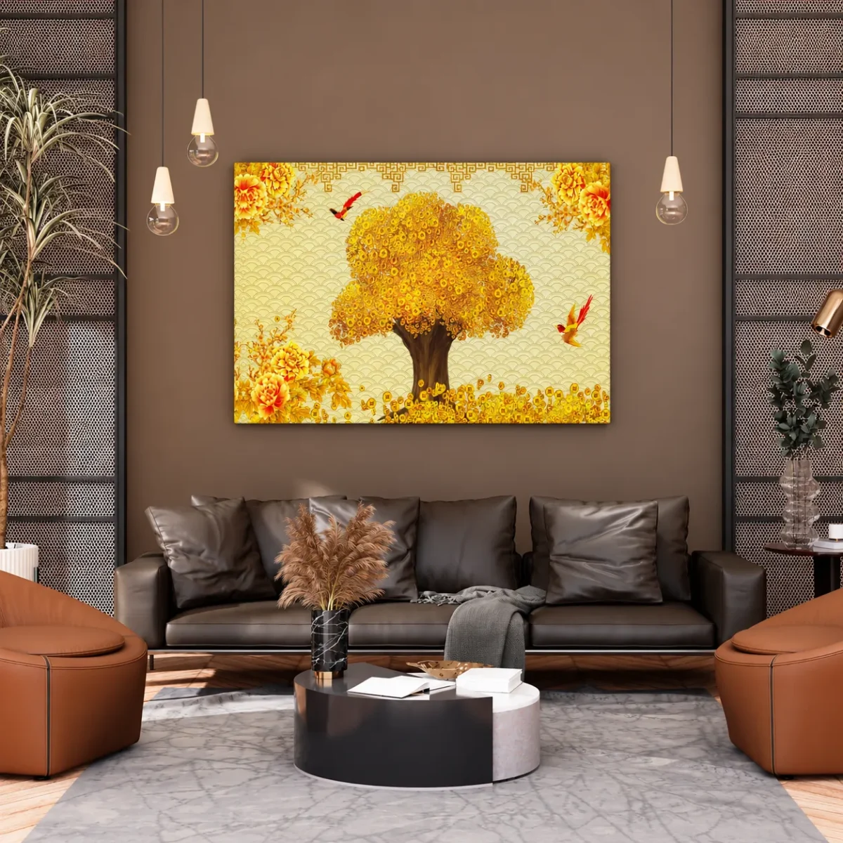 Auspicious Coin Tree Wall Art – Golden Peony, Bird & Prosperity Canvas