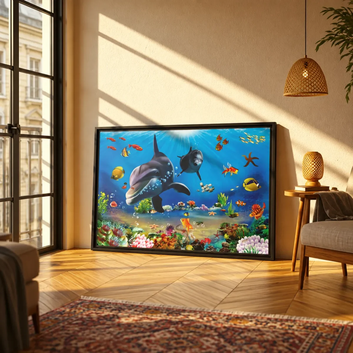 Azurefin Reef — Dolphin Ocean Wall Art, Tropical Marine Framed Canvas