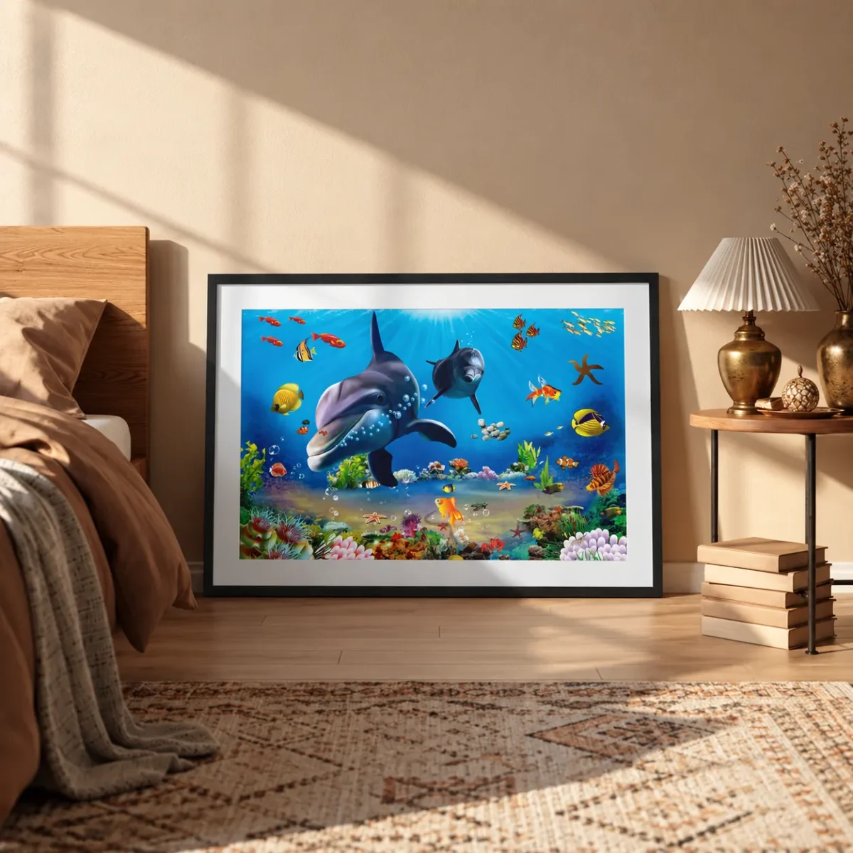 Azurefin Reef — Dolphin Ocean Wall Art, Vibrant Marine Framed Print