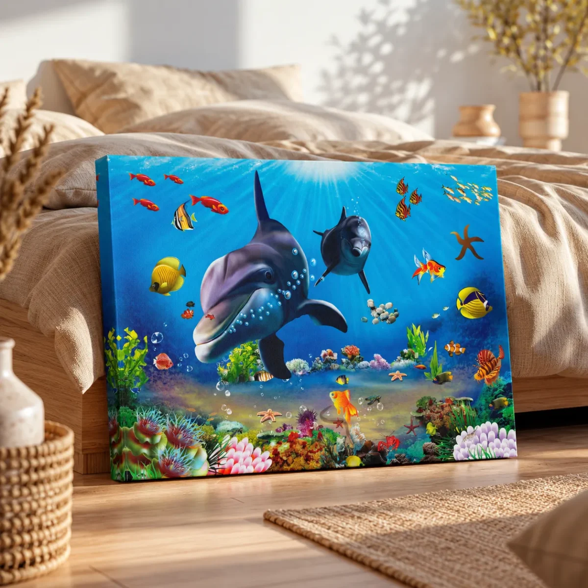 Azurefin Reef — Dolphin Ocean Wall Art, Colorful Marine Canvas for Coastal Interiors