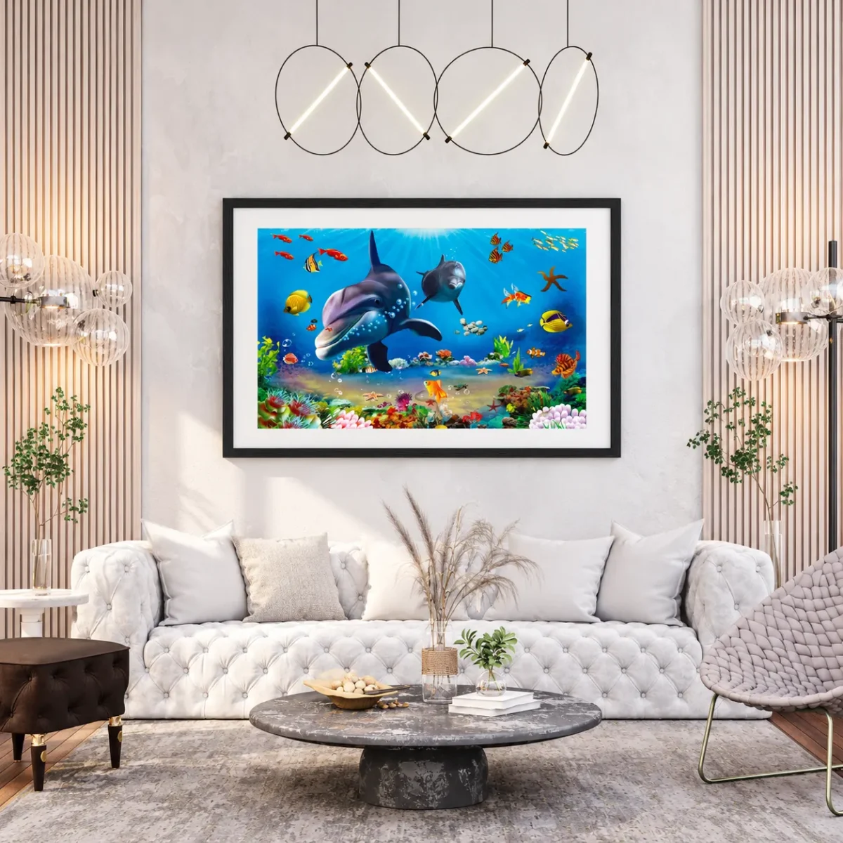 Azurefin Reef — Dolphin Ocean Wall Art, Vibrant Marine Framed Print