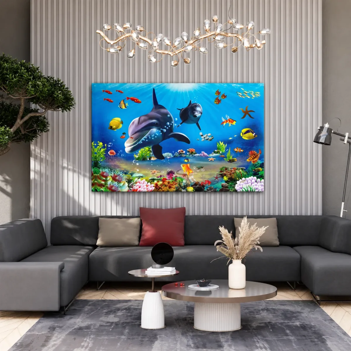 Azurefin Reef — Dolphin Ocean Wall Art, Colorful Marine Canvas for Coastal Interiors
