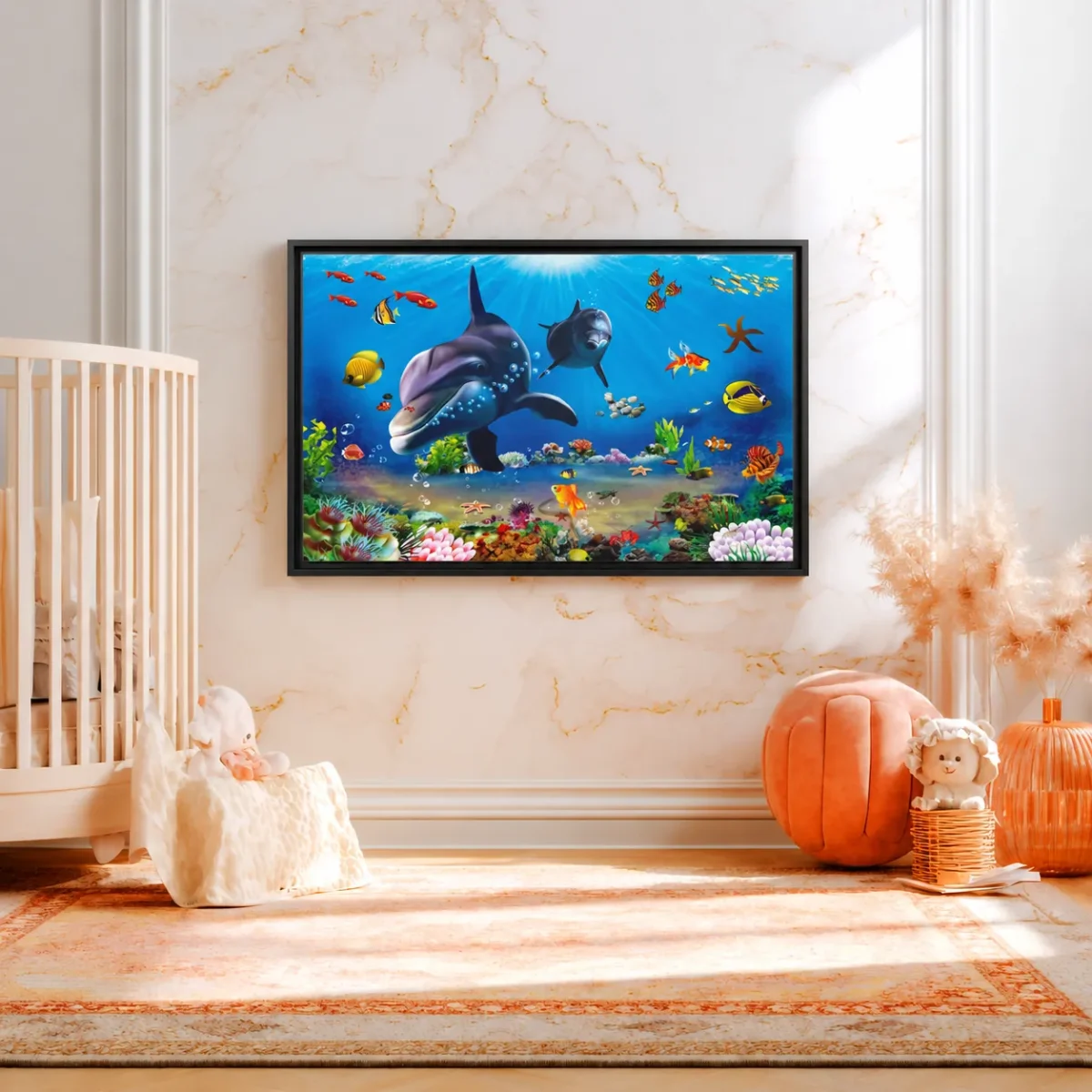 Azurefin Reef — Dolphin Ocean Wall Art, Tropical Marine Framed Canvas