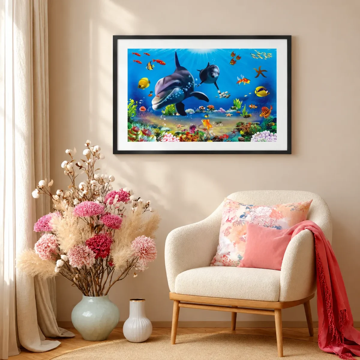 Azurefin Reef — Dolphin Ocean Wall Art, Vibrant Marine Framed Print