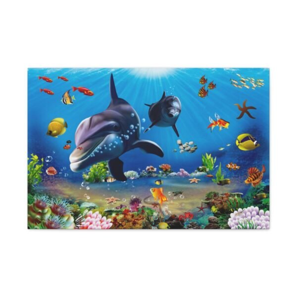 Azurefin Reef — Dolphin Ocean Wall Art, Colorful Marine Canvas for Coastal Interiors