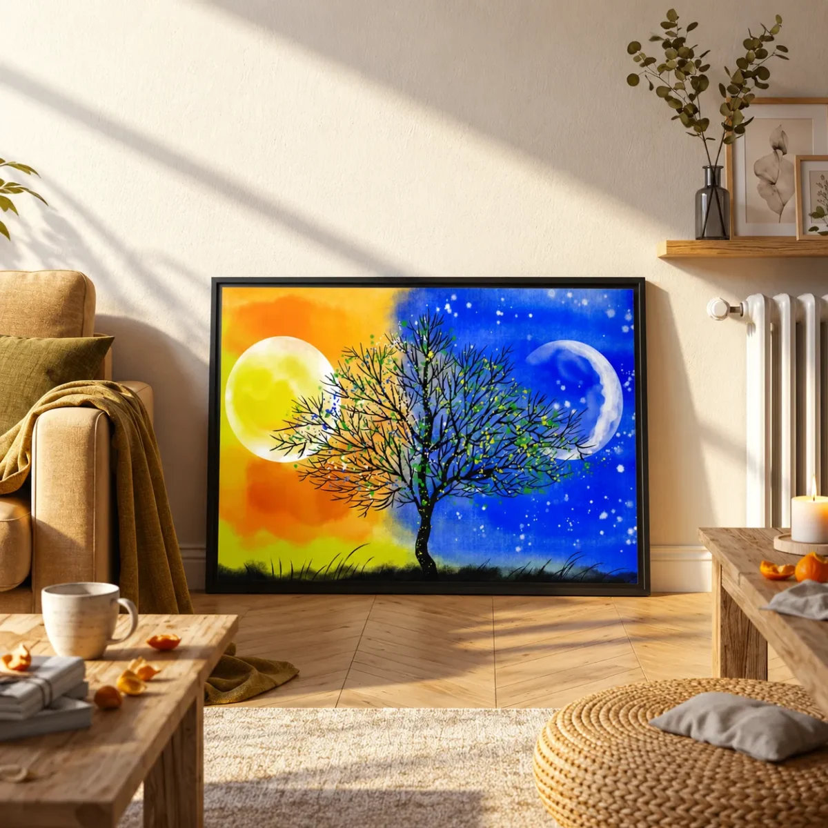 Solar Nocturne Tree Wall Art – Vibrant Day-to-Night Framed Canvas