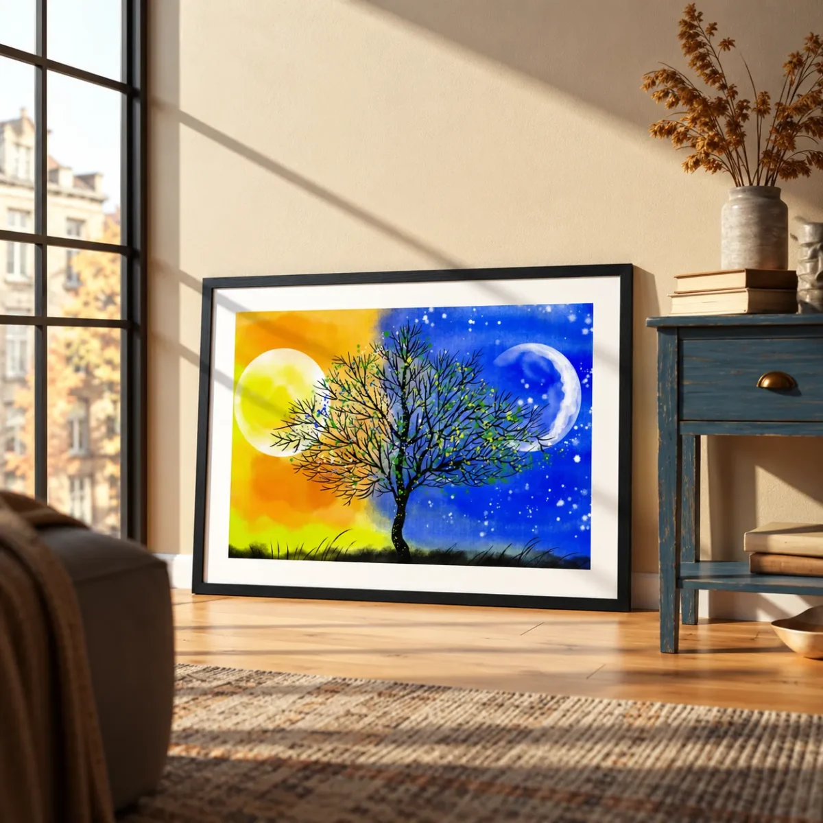 Solar Nocturne Tree Wall Art – Celestial Day-to-Night Framed Print