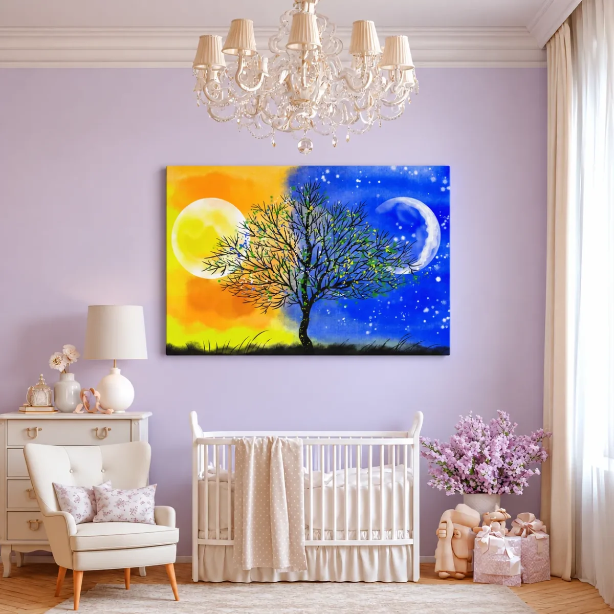 Solar Nocturne Tree Wall Art – Vibrant Day-to-Night Landscape Canvas for Modern Interiors