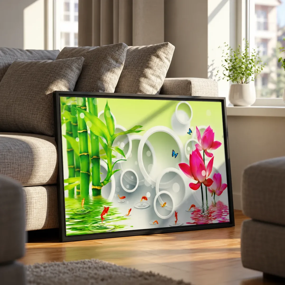 123 (1) Verdant Ripple Sanctuary Bamboo Koi Garden Wall Art – Elegant Framed Canvas Decor