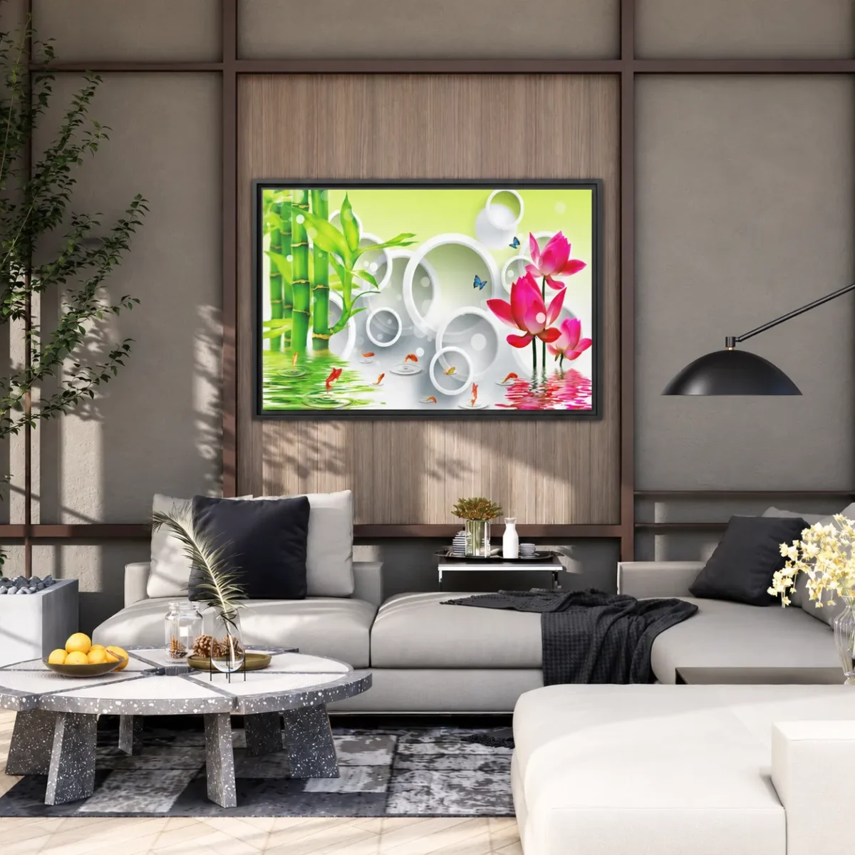 123 (2) Verdant Ripple Sanctuary Bamboo Koi Garden Wall Art – Elegant Framed Canvas Decor