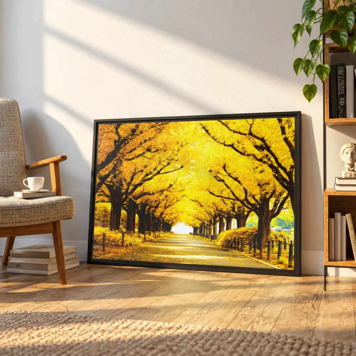 124 (1) Saffron Canopy Passage – Autumn Golden Tree-Lined Avenue Framed Canvas