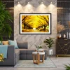 Saffron Canopy Passage – Autumn Golden Tree-Lined Avenue Wall Art Framed Print
