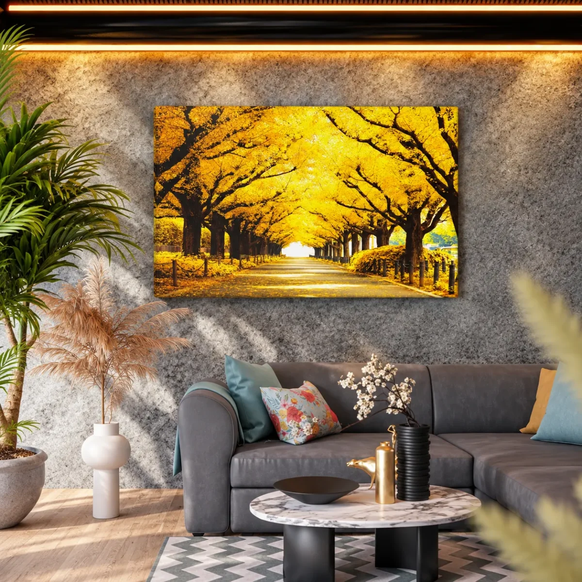 Saffron Canopy Passage – Autumn Golden Tree-Lined Avenue Wall Art Canvas