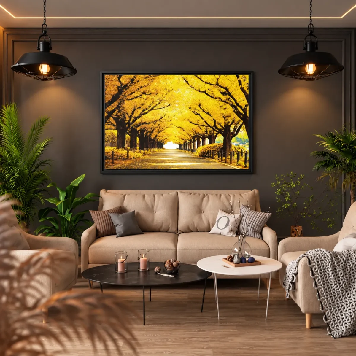 124 (2) Saffron Canopy Passage – Autumn Golden Tree-Lined Avenue Framed Canvas
