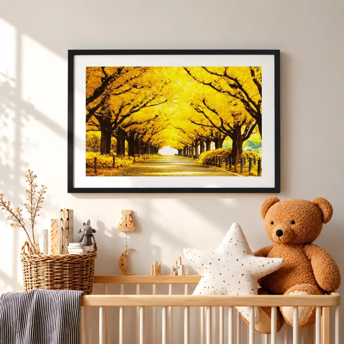 Saffron Canopy Passage – Autumn Golden Tree-Lined Avenue Wall Art Framed Print