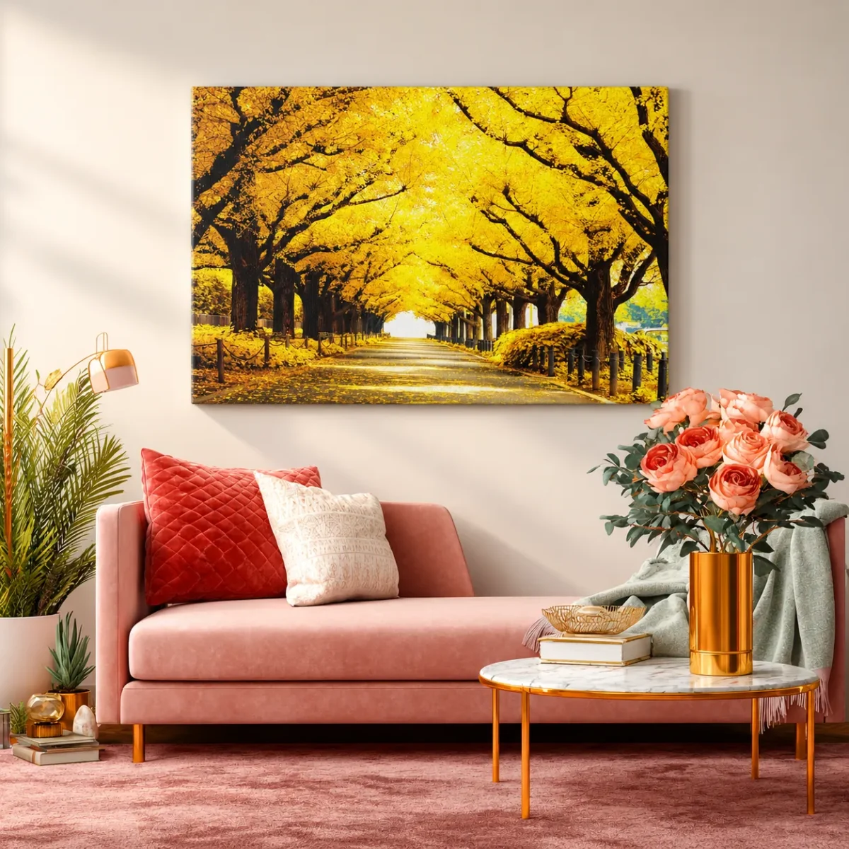Saffron Canopy Passage – Autumn Golden Tree-Lined Avenue Wall Art Canvas