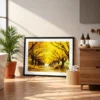 Saffron Canopy Passage – Autumn Golden Tree-Lined Avenue Wall Art Framed Print