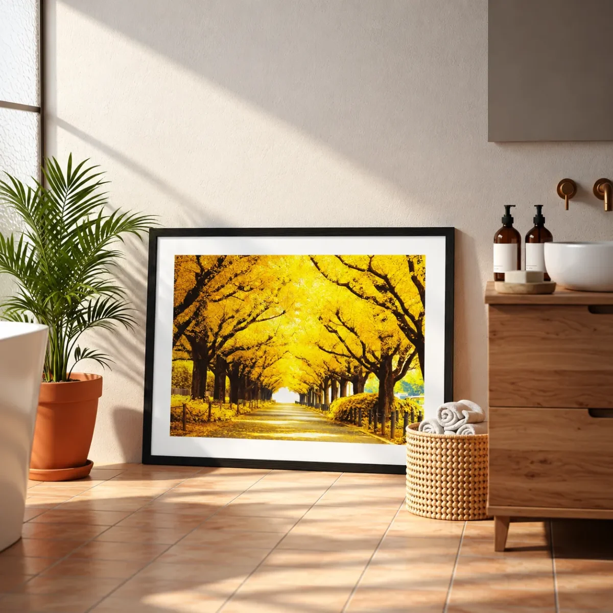 Saffron Canopy Passage – Autumn Golden Tree-Lined Avenue Wall Art Framed Print