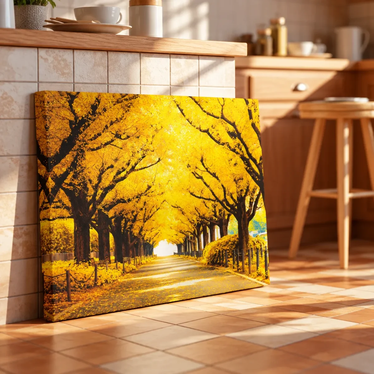 Saffron Canopy Passage – Autumn Golden Tree-Lined Avenue Wall Art Canvas