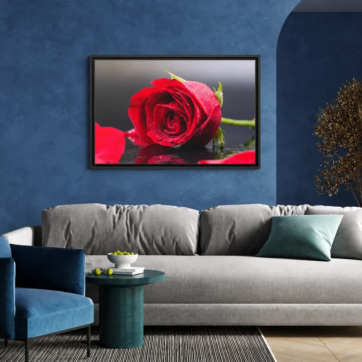 Crimson Dewfall – Red Rose Wall Art | Romantic Framed Canvas for Elegant Interiors