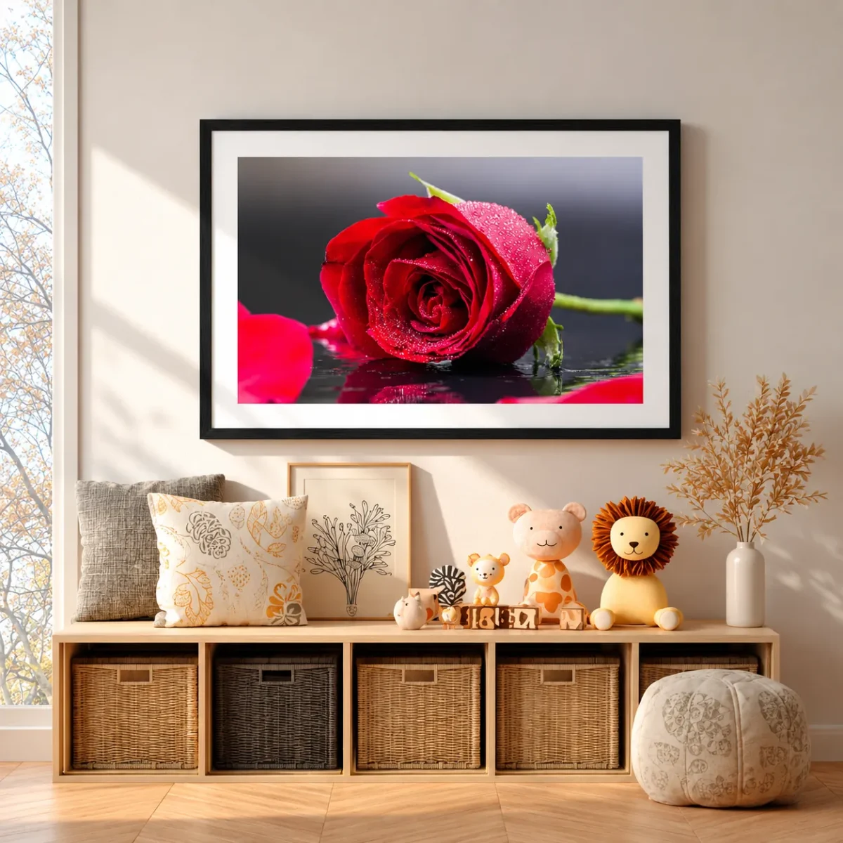Red Rose Wall Art – Crimson Dewfall Framed Print for Elegant Modern Interiors