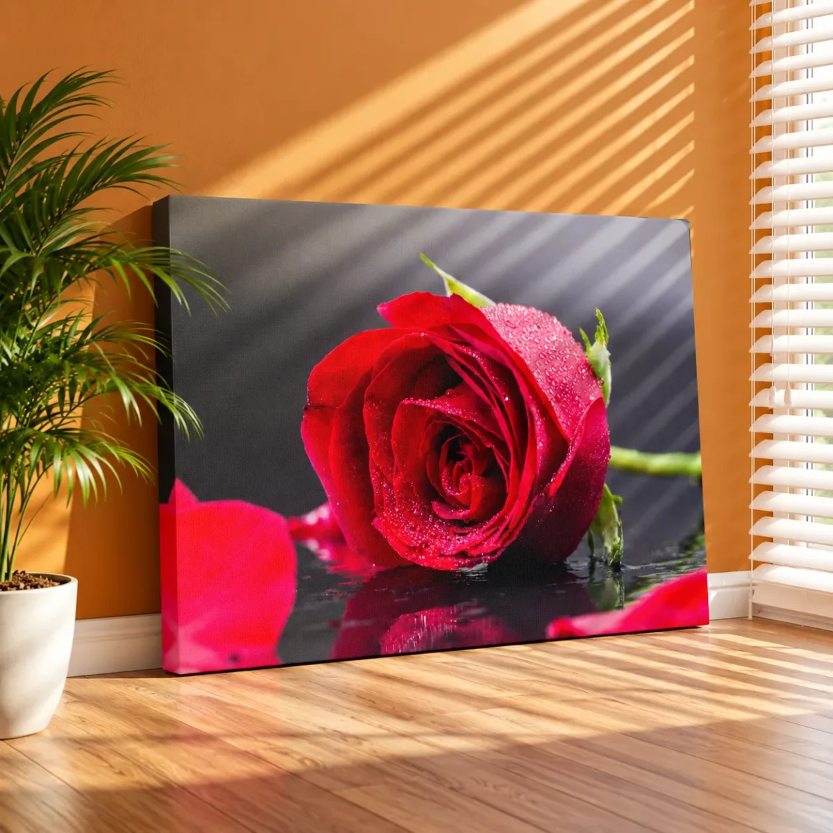 Crimson Dewfall – Red Rose Wall Art, Romantic Floral Canvas for Elegant Interiors