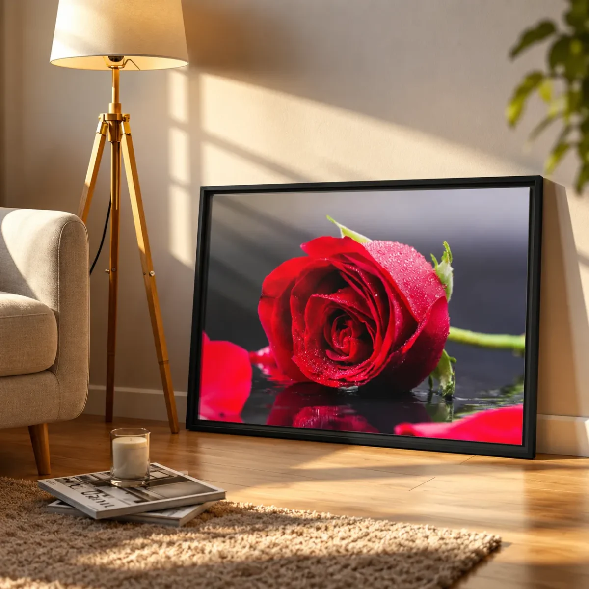 Crimson Dewfall – Red Rose Wall Art | Romantic Framed Canvas for Elegant Interiors