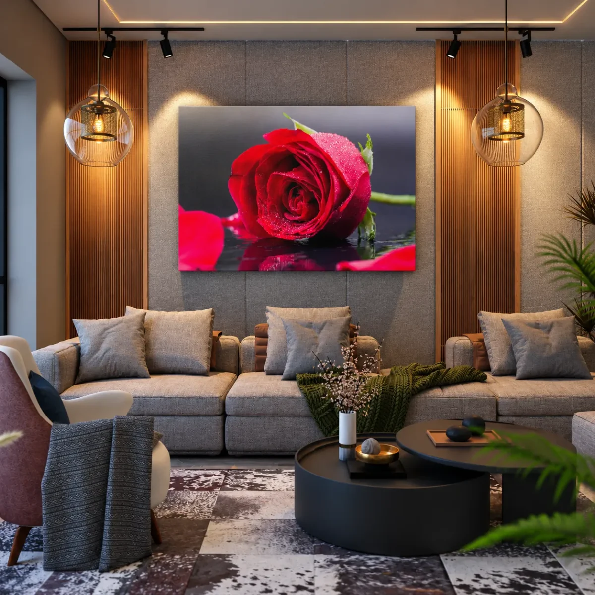Crimson Dewfall – Red Rose Wall Art, Romantic Floral Canvas for Elegant Interiors